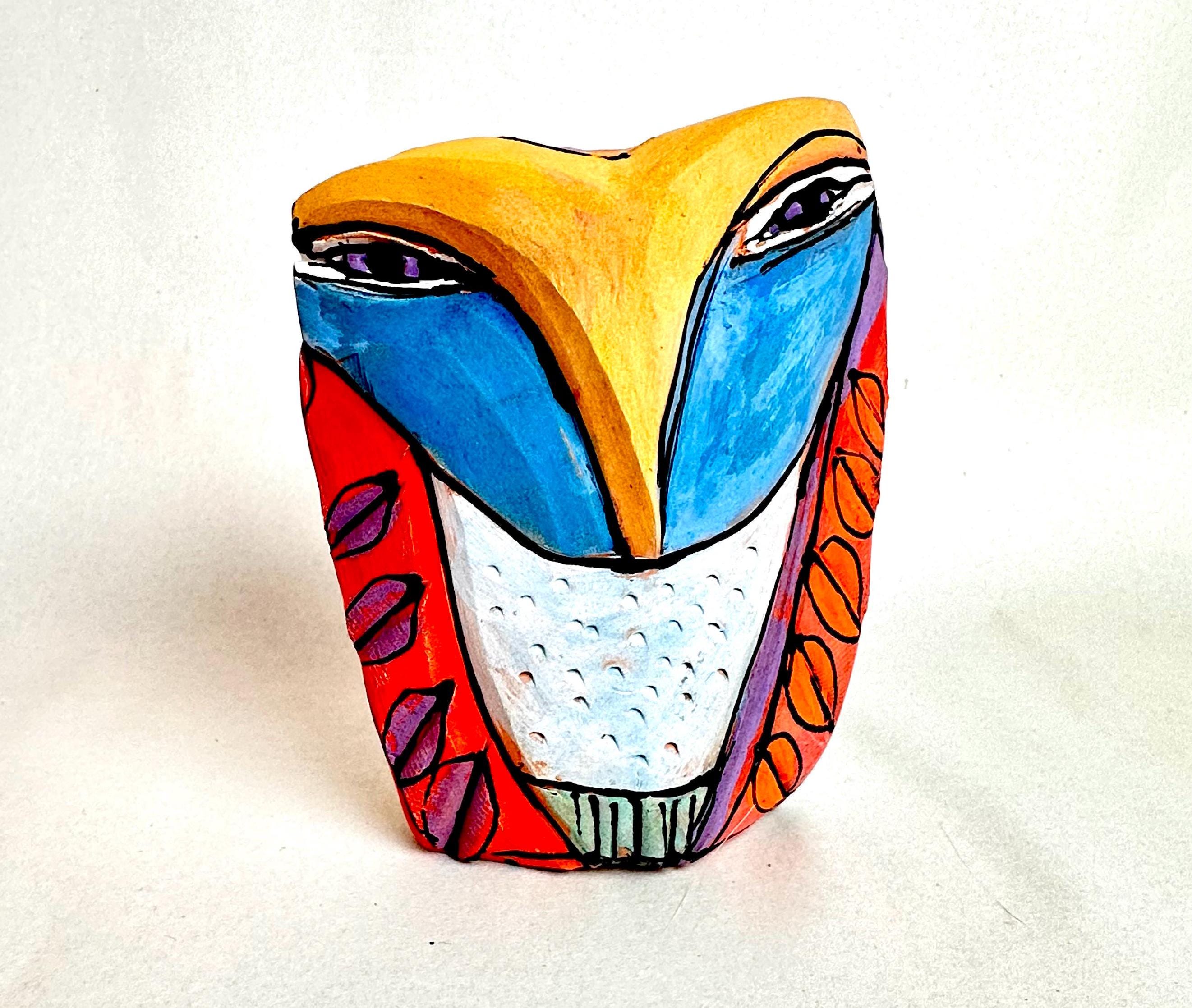 Owl art, figurine, ceramic owl sculpture, whimsical, colorful owl, "Owl Person. Blue Sky.&rdquo