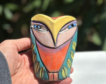 Owl art, ceramic owl sculpture, colorful owl figurine, "Owl Person Energized by the Morning Sun"