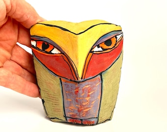 Whimsical Ceramic Owl Sculpture: Colorful Handmade Owl Art (4 inches)