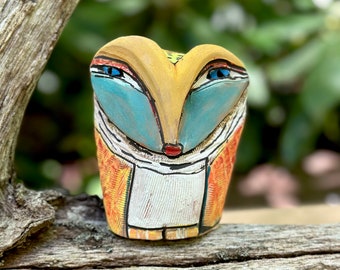 Owl clay artwork handmade with unique, colorful, glazes makes a heartfelt gift "Owl Person Remembering the Moon Last Night”, 4-3/8" tall