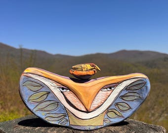 Handmade Clay Owl, Colorful Glazes, "Owl Person Holding Space for Love" (9.75"w x 5.75"h)