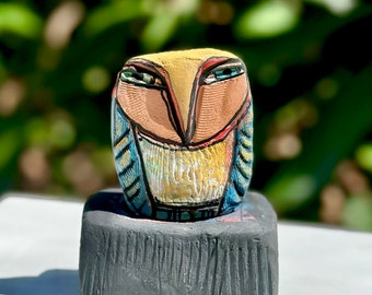 Owl art, ceramic owl sculpture, Mothers Day, colorful owl figurine, "Owl Person. New Beginning", Height 3-3/4 inches