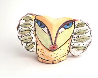 Whimsical Ceramic Owl Figurine: Colorful Handmade Sculpture