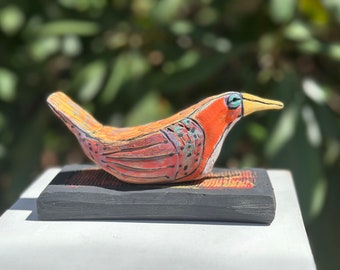 Owl art, ceramic owl sculpture, whimsical, colorful owl figurine, "Beauty Bird Bathing in the Bliss of Spring Sunlight"