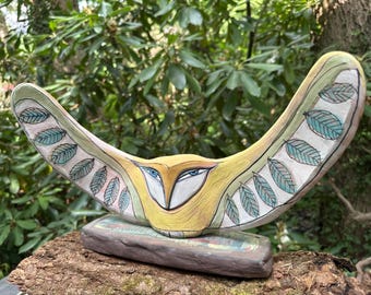 Handmade Clay Owl Art: Colorful Glazed Sculpture one of a kind Owl art with wings outstretched. Unique fired ceramic living room centerpiece