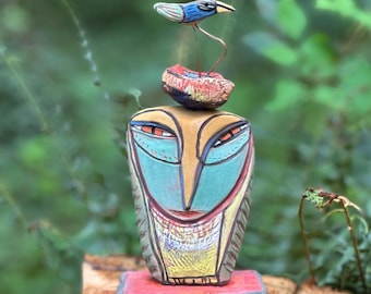 Handmade Clay Owl Sculpture, Colorful Glazed Ceramic Figurine
