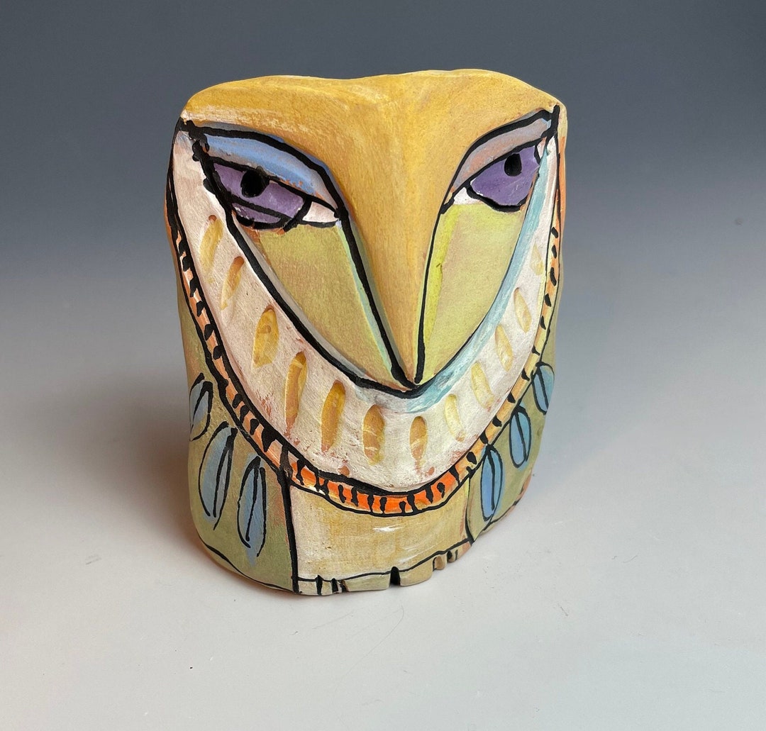 Owl Art, Figurine, Ceramic Owl Sculpture, Whimsical, Colorful Owl, owl