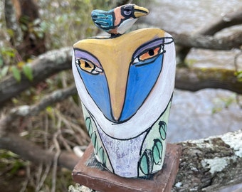 Owl art, ceramic owl sculpture, whimsical, colorful owl figurine, "Owl Person and the Blue Beauty Bird Singing a Love Song".