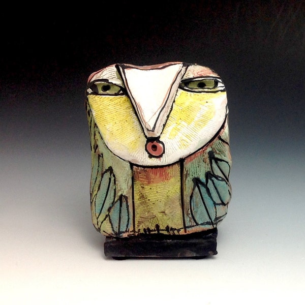 Owl, ceramic owl figurine, Whimsical Owl sculpture, signed handmade art by Blue Fire MacMahon