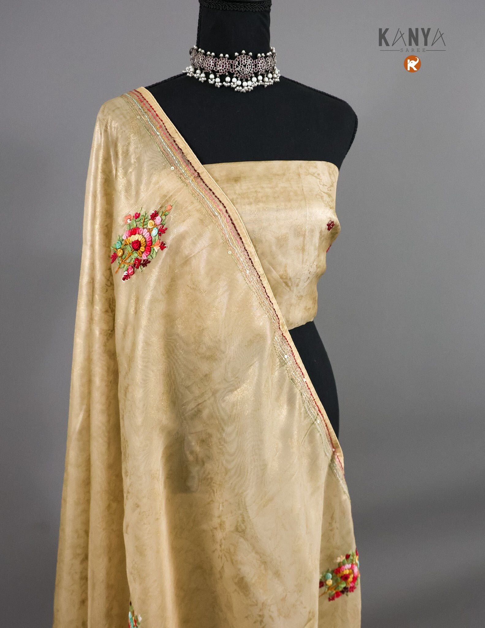 DUSTY GREY TISSUE ORGANZA EMBROIDERED SAREE