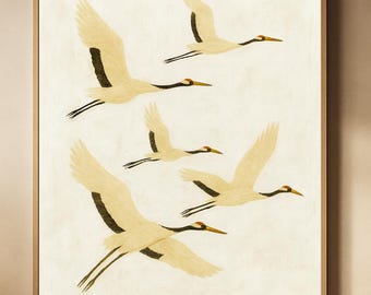 Japanese Crane Wall Art, Japandi Print, Minimalist Bird Lover Gift, White Japandi Flying Cranes Painting Beige Bird Poster Digital Download