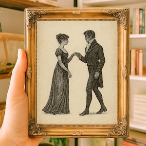 May include: A framed print featuring a vintage illustration of a couple in formal attire, holding hands. The gold-colored frame has ornate detailing. The artwork is set against a cream-colored background.