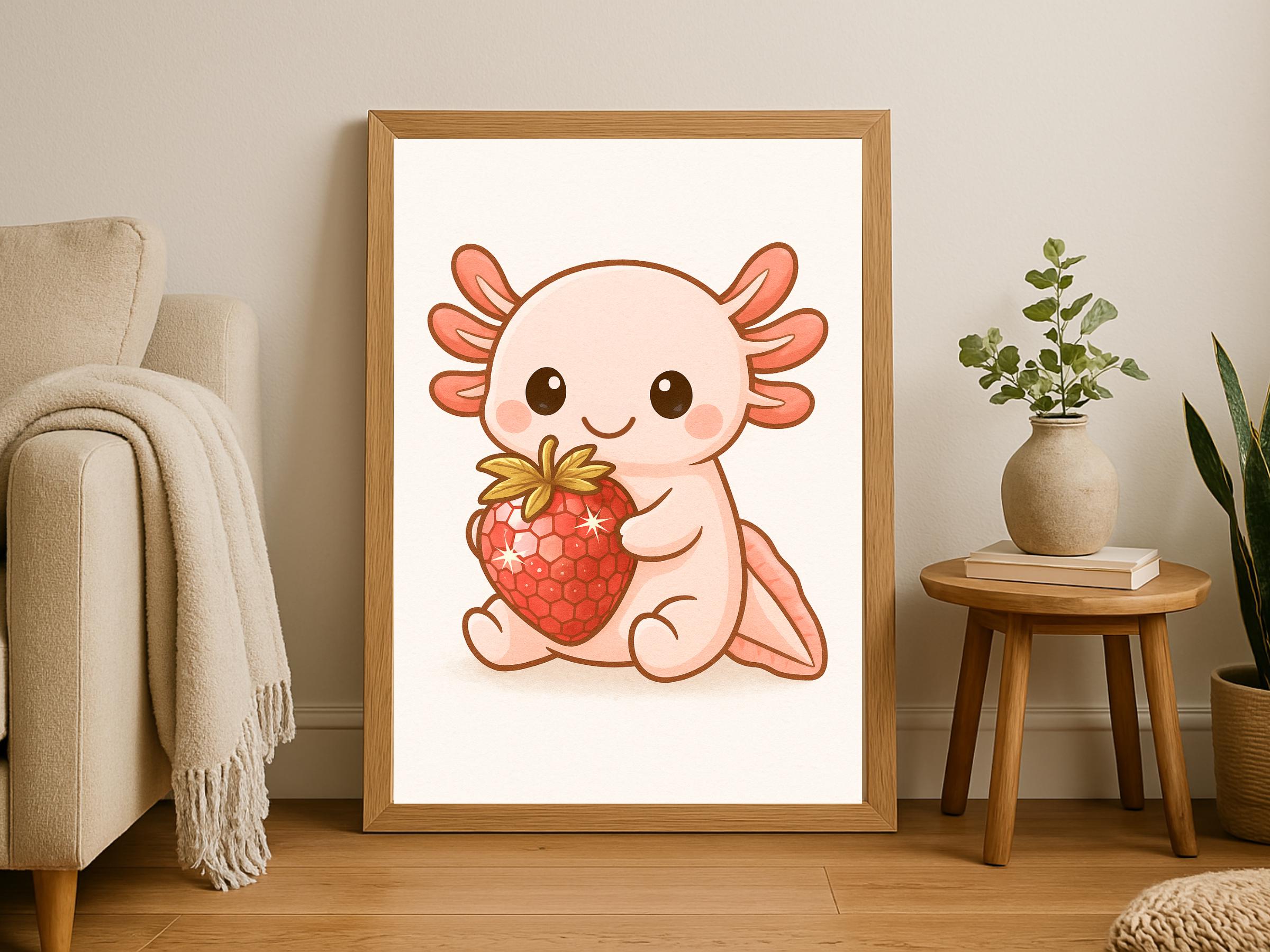 Kawaii Axolotl Wall Art, Disco Ball Strawberry Print, Cutecore