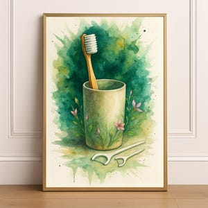 Printable Toothbrush and Floss Wall Art, Dental Office Decor, Dental Wall Art Watercolor Bathroom Artwork Dentist Clinic Digital Download