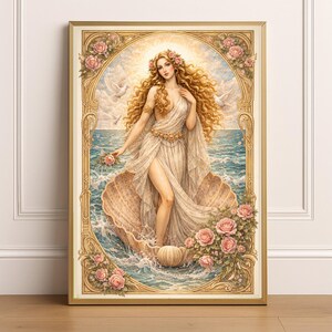 May include: A framed art print depicting a woman emerging from a seashell, surrounded by ocean waves and roses. The artwork features a golden frame and a soft color palette, with the woman wearing a flowing white gown and holding a rose.