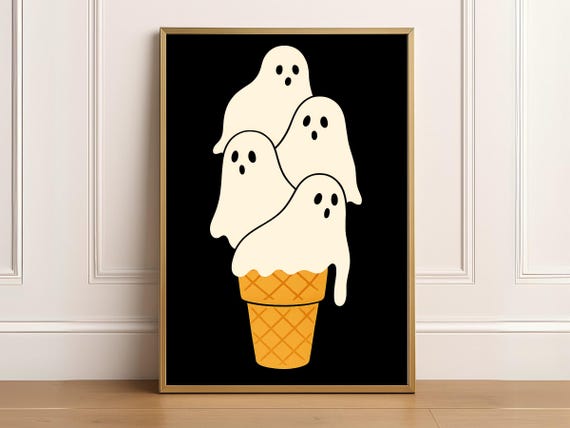 Summerween Ghost Ice Cream Cone Poster, Halloween Party Decor, Whimsical Halloween, Dorm Print, Kids Printable Wall Art, Digital Download