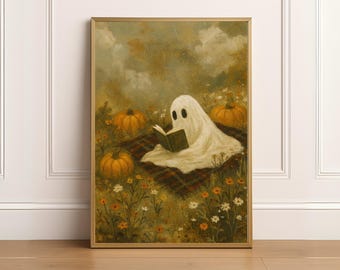 Bonita pintura de fantasmas, fantasma leyendo en un huerto de calabazas, arte de pared imprimible, acogedora decoración de Halloween, impresión de otoño, estilo cottagecore, descarga digital de octubre