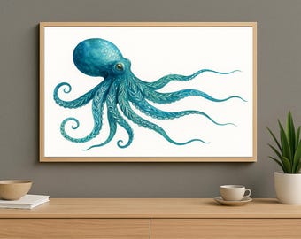 Printable Octopus Wall Art, Blue Ocean Decor, Watercolor Octopus Marine Life Artwork, Beach House Decor, Sea Print, Kraken Digital Download