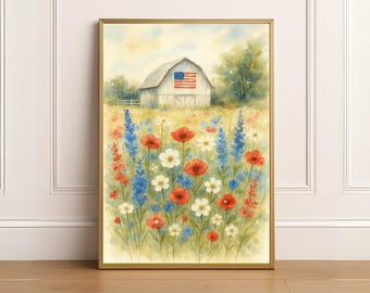 ヴィンテージの独立記念日絵画、印刷可能な独立記念日ウォールアート、アメリカ国旗プリント、素朴な納屋風独立記念日デコレーション、デジタルダウンロード