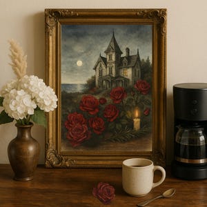 Victorian Magic House Wall Art Print, Dark Cottagecore Witchy Decor, Whimsigoth Halloween Printable, Romantic Witch Aesthetic Home Painting