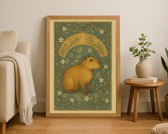 Capybara Wall Art, Art Nouveau Print, Forest Animal Wall Art, Cottagecore Capybara Poster Whimsical Animal Decor Capybara Lover Gift Digital