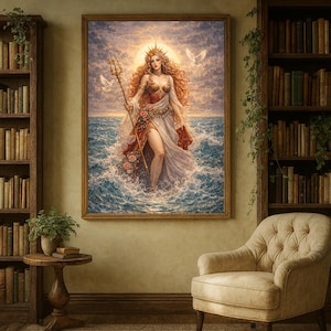 May include: A framed artwork depicting a woman with long red hair, a golden crown, and a trident, standing in the ocean. The woman is wearing a flowing white and red dress. The background features a cloudy sky and two white doves.
