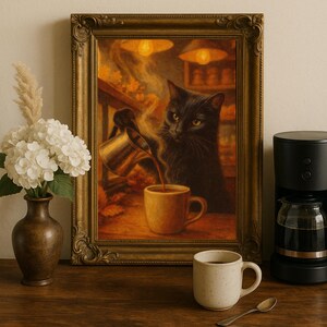 May include: A framed painting depicts a black cat pouring coffee into a mug. The painting has a warm color palette with gold accents. A vase with white flowers and a coffee maker are on a wooden surface.