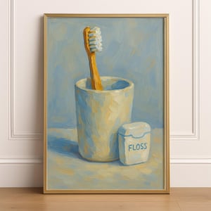 Toothbrush and Floss Wall Art, Dental Office Decor Printable, Dental Wall Art Impressionist Bathroom Artwork Dentist Clinic Digital Download