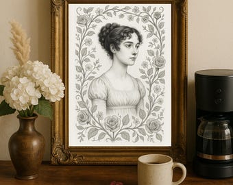 Stolthet och fördom väggkonst, blommigt Elizabeth Bennet porträtttryck, boklig dekor, Jane Austen-presenter, läshörnsdekor, digital nedladdning