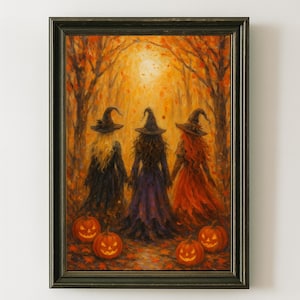 May include: A framed painting showing three witches in black hats and gowns, strolling through a forest in autumn. The artwork uses warm orange and yellow tones, with carved pumpkins at the base. Ideal for Halloween or autumn decoration.