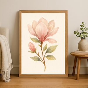 Watercolor Magnolia Print, Botanical Modern Southern Floral Wall Art, Soft Pink Flower Poster Pastel Flower Decor Water Color Print Digital