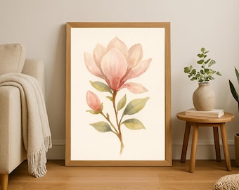 Watercolor Magnolia Print, Botanical Modern Southern Floral Wall Art, Soft Pink Flower Poster Pastel Flower Decor Water Color Print Digital