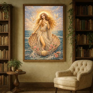 May include: A framed artwork depicting a woman emerging from a seashell, surrounded by water and roses. The woman has long, flowing hair and wears a draped gown. Two doves are in the background. The artwork is in a room with bookshelves and a chair.