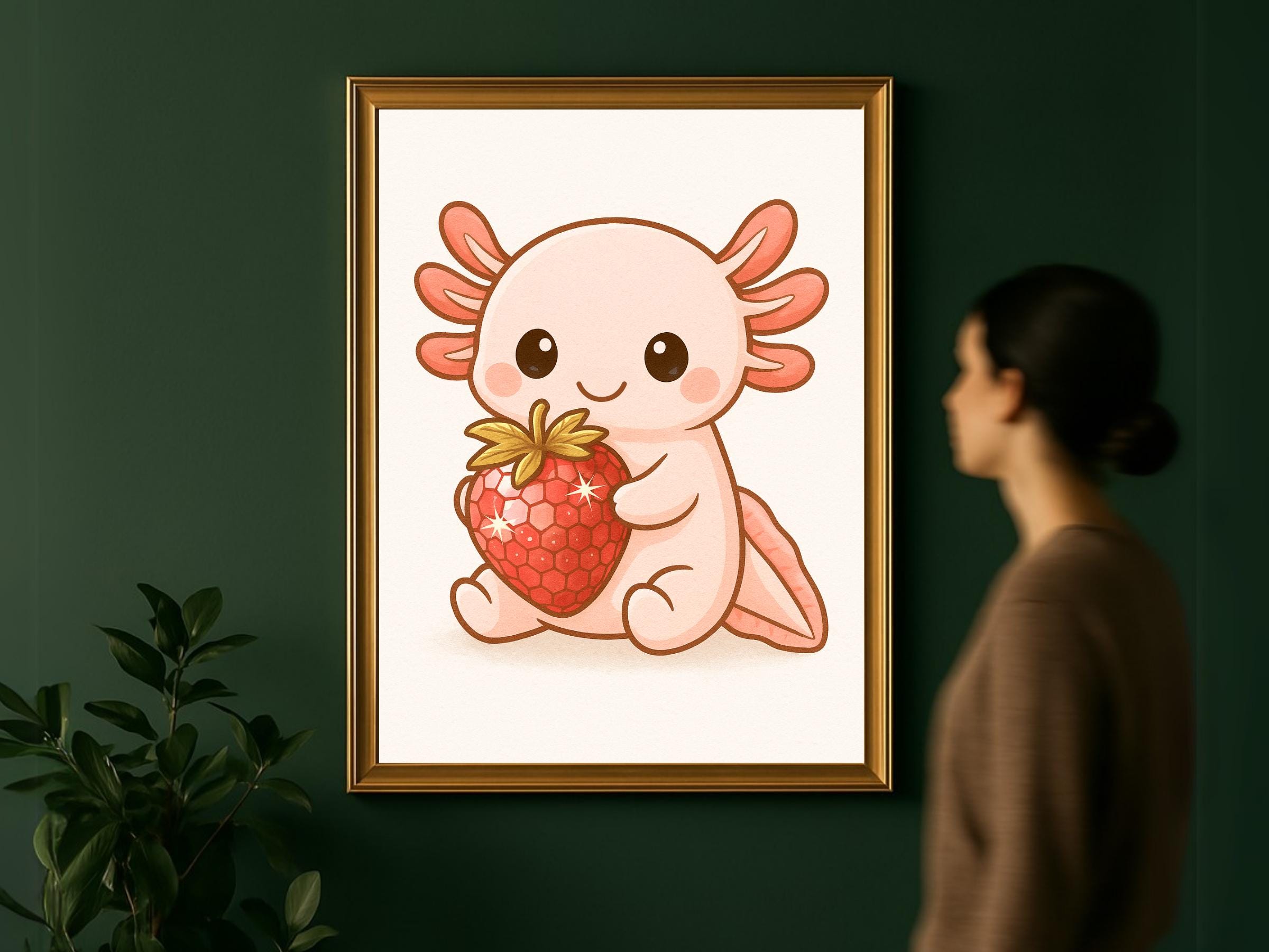 Kawaii Axolotl Wall Art, Disco Ball Strawberry Print, Cutecore