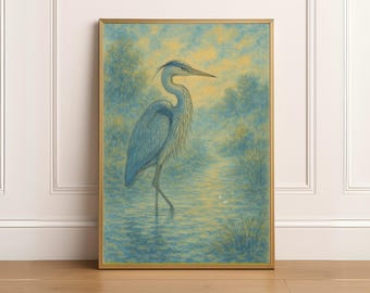 Blue Heron Wall Art, Great Blue Heron Print, Prezent dla miłośników ptaków, Blue Heron Painting, Wystrój salonu, Dzieła sztuki do sypialni, Pobieranie cyfrowe