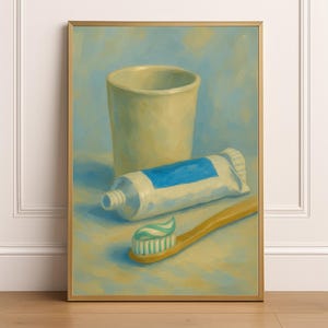 Toothbrush and Toothpaste Wall Art, Dental Office Decor Printable, Impressionist Bathroom Print Dentist Clinic Wall Art Digital Download