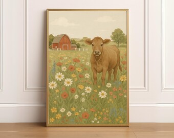 Farm Nursery Wall Art | Baby Cow in Wildflower Meadow Printable | Rustic Barn Animal Art | Neutral Nursery Decor | Country Baby Room Print