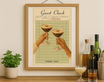 Espresso Martini gästrutigt konsttryck | Vintage cocktailkök väggdekor | Skål utskrivbar | Kaffebarkonst digital rutnät nedladdning