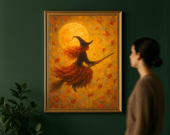 Witch On Broomstick Wall Art Printable, Cozy Halloween Decor Fall Print, Flying Witch, Witchy Stuff, Cottagecore October Digital Download