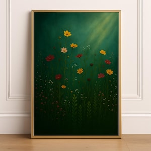 Printable Emerald Green Wildflower Wall Art, Moody Floral Wall Decor, Vintage Botanical Painting, Dark Cottagecore Print Digital Download