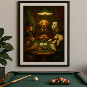 Dogs Playing Poker Wall Art, Whimsical Game Room Painting Print, Printable Dogs Playing Cards Dorm Decor, Digital Download
