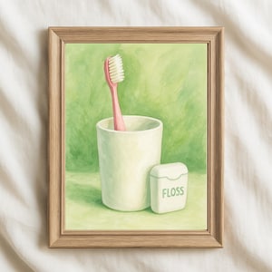 Toothbrush and Floss Wall Art, Dental Office Decor Printable, Dental Wall Art Watercolor Bathroom Artwork Dentist Clinic Digital Download