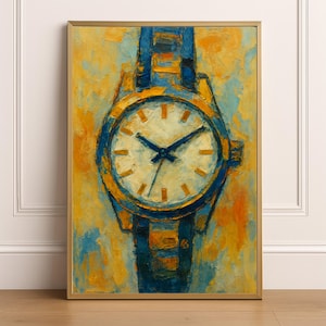 Może przedstawiać: Abstrakcyjny obraz przedstawiający zegarek na rękę ze złotą kopertą i niebieskim paskiem. Tarcza zegarka jest biała ze złotymi znacznikami i niebieskimi wskazówkami. Tło to mieszanka żółtych, pomarańczowych i niebieskich pociągnięć pędzla, oprawiona w złotą ramę.