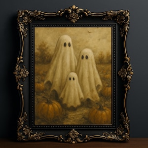 May include: A framed Halloween-themed painting featuring three ghost figures of varying sizes in a field of pumpkins. The artwork is in a vintage style, with a sepia-toned color palette. The ornate black frame adds a touch of elegance.
