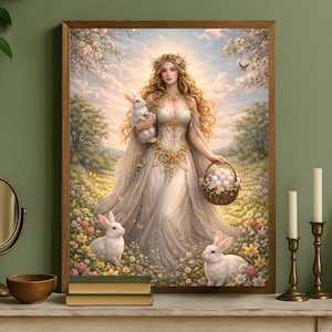 May include: A framed art print depicts a woman in a flowing white gown holding a white rabbit and a basket of decorated eggs. The artwork features a floral and landscape background with three white rabbits and a bird.