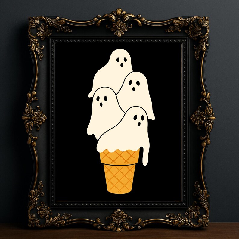 May include: A framed art print featuring a whimsical illustration of four white ghost figures stacked like ice cream on top of a waffle cone. The artwork is set against a black background and framed in a decorative black frame.