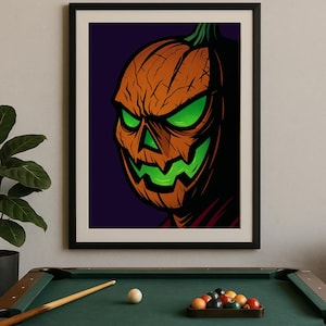 Puede incluir: Un cuadro enmarcado con temática de Halloween. La obra presenta una calabaza de Halloween amenazante con ojos y boca verde brillante, sobre un fondo morado oscuro. La calabaza es naranja con detalles tallados, y el marco es negro.