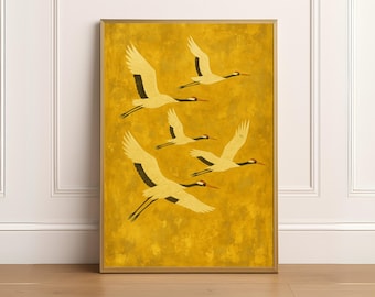 Japanese Crane Wall Art, Japandi Print, Minimalist Bird Lover Gift, Gold Yellow Japandi Flying Cranes Painting Bird Poster Digital Download