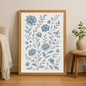 Blue Chinoiserie Floral Wall Art, Vintage Inspired Botanical Digital Print, Delicate Watercolor Decor, Minimalist Wall Art Blue Flowers