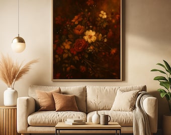 落ち着いた秋の花柄プリント：ヴィンテージボタニカルウォールアート（デジタルダウンロード）